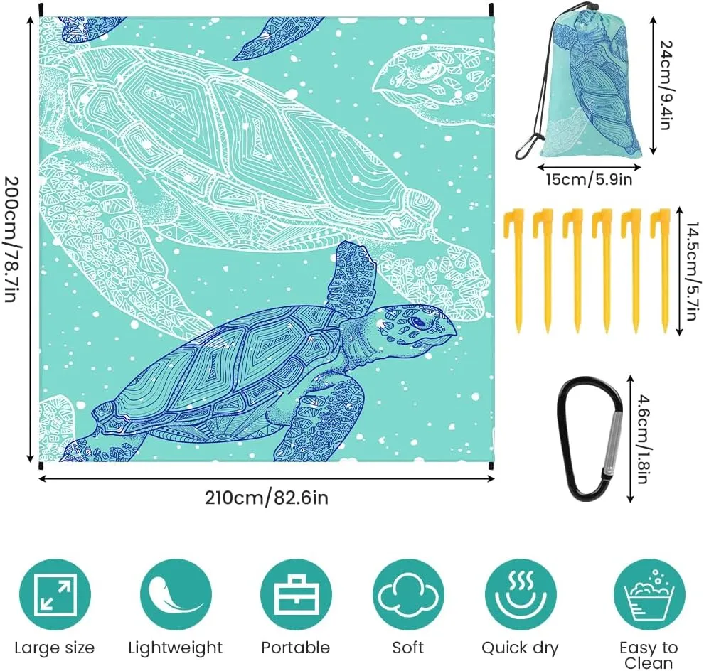 Beach Blanket, Large Picnic Mat 210 x 200 cm (4-6 People) Foldable, Sandproof Waterproof, Camping Outdoor Blanket with 6 Fixed Nails for Beach, Hiking, Picnic