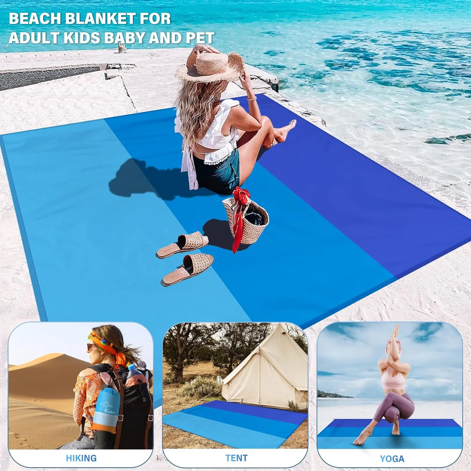 Beach Blanket Oversized Extra Large 10'X 9',Waterproof Sandproof Beach Blanket 2-8 Adults Lightweight Durable for Travel Camping Hiking Picnic (10'X 9', Blue3)