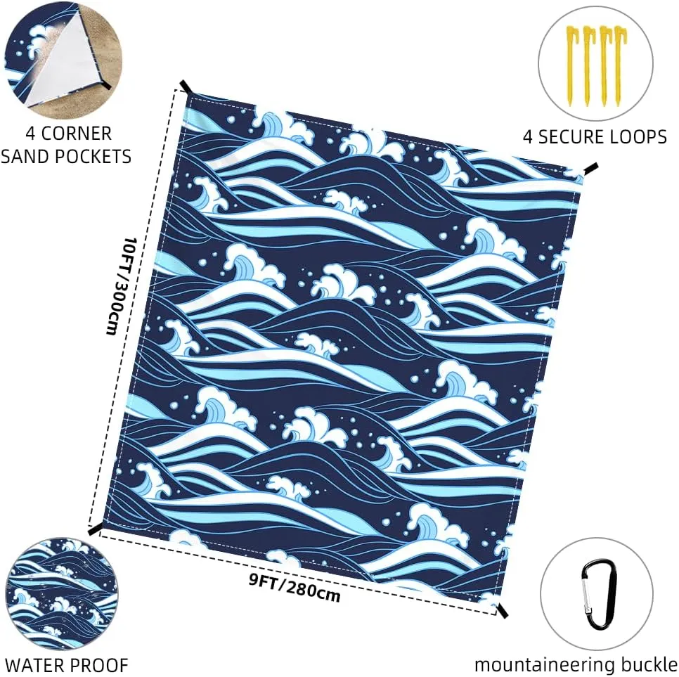 Beach Blanket Waterproof Sandproof Oversized Extra 110" * 118"/ 9 * 10 Ft Sand Free Beach Mat with Stakes, Storage Bag - Essentials for Outdoor Beach, Picnic,Quick Drying Durable