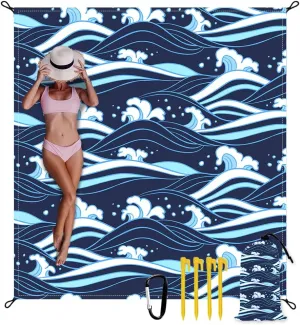 Beach Blanket Waterproof Sandproof Oversized Extra 110" * 118"/ 9 * 10 Ft Sand Free Beach Mat with Stakes, Storage Bag - Essentials for Outdoor Beach, Picnic,Quick Drying Durable
