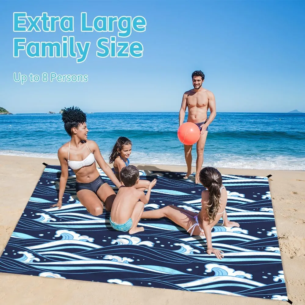 Beach Blanket Waterproof Sandproof Oversized Extra 110" * 118"/ 9 * 10 Ft Sand Free Beach Mat with Stakes, Storage Bag - Essentials for Outdoor Beach, Picnic,Quick Drying Durable