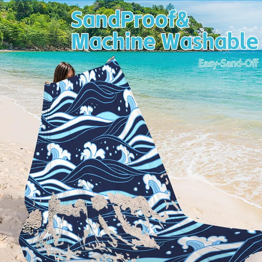 Beach Blanket Waterproof Sandproof Oversized Extra 110" * 118"/ 9 * 10 Ft Sand Free Beach Mat with Stakes, Storage Bag - Essentials for Outdoor Beach, Picnic,Quick Drying Durable