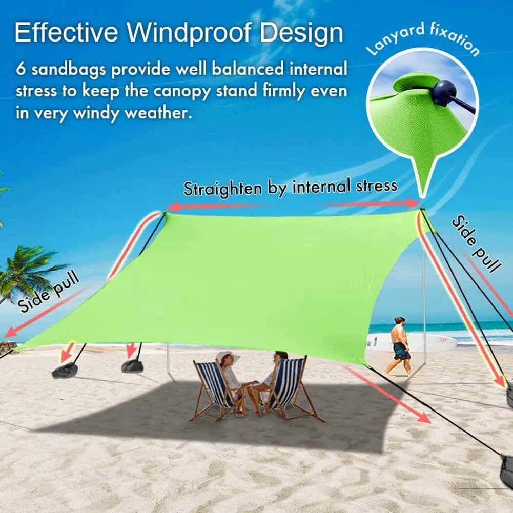 Beach Canopy Windproof Design, Sun Shelter UPF50  Portable Family Tent with 6 Sandbags Anchors 10x10 FT 2 Pole Pop Up Outdoor Shelter for Beach, Camping, Fishing, Backyard