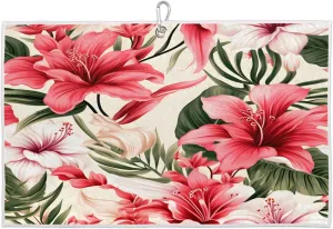 Beautiful Tropical Flowers Golf Towel with Heavy Duty Carabiner Ultra Absorbent Quick Dry Perfect for Cleaning Clubs Balls Gear Essential Golf Accessory for Men Women Kids