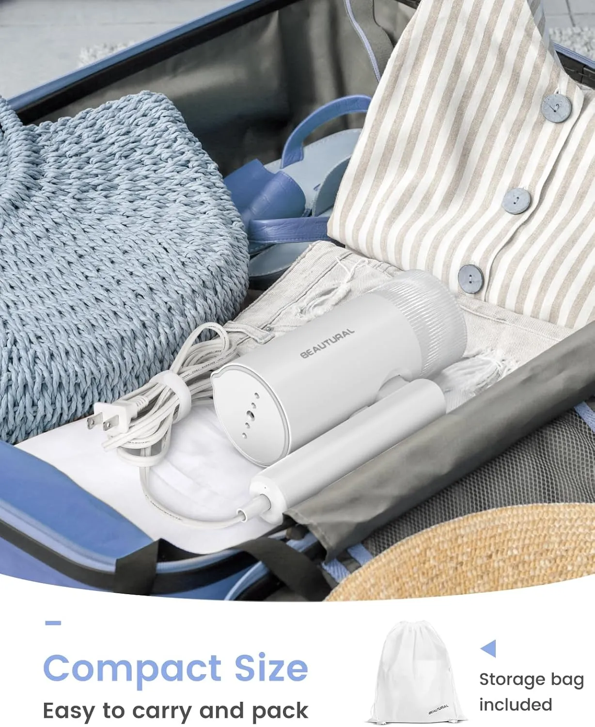 BEAUTURAL Steamer for Clothes, Foldable Handheld Clothing Wrinkles Remover for Garments, 30-Second Fast Heat-up, Portable Fabric Steamer for 120V Countries, Not for Use in 220V Such as Europe