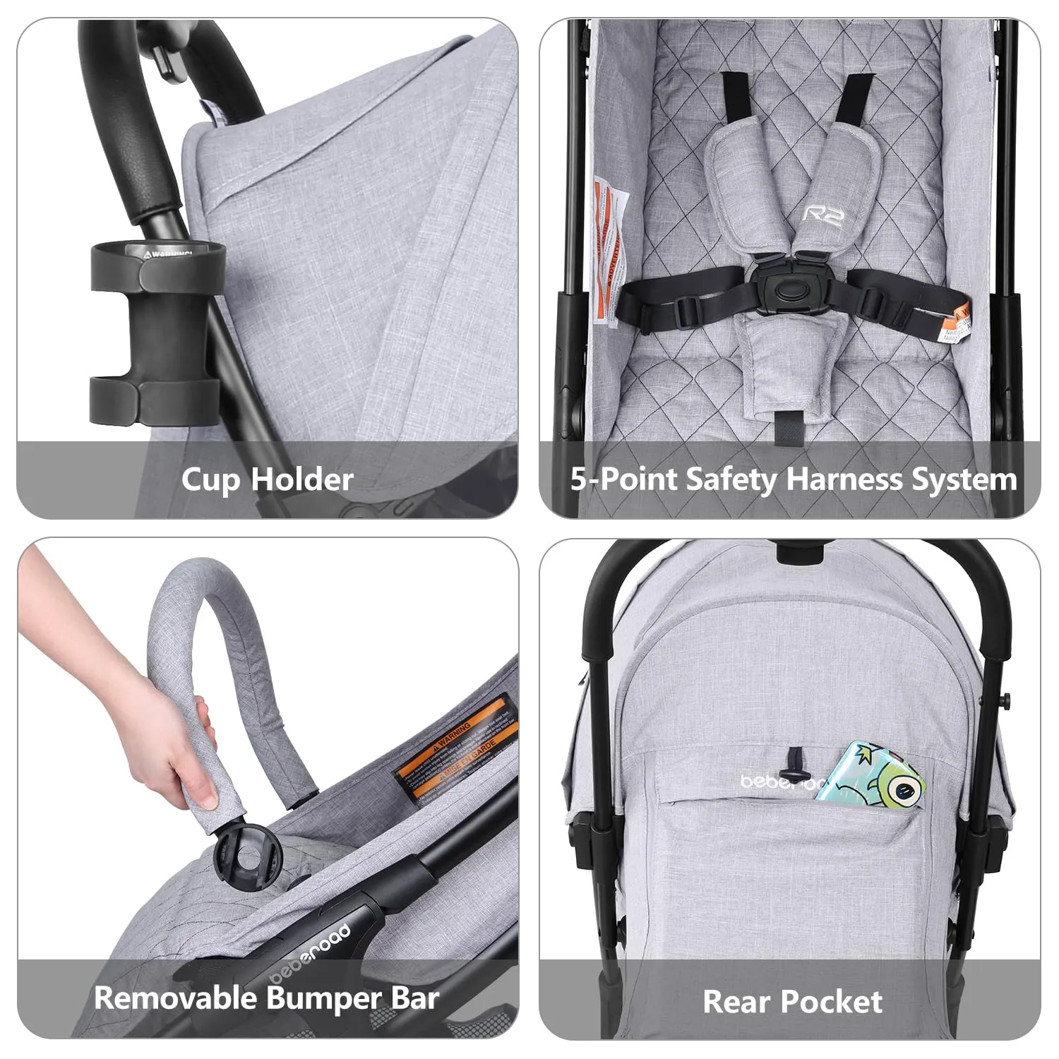 Beberoad Love R2 Small Travel Stroller Compact Strollers Foldable Lightweight Baby Stroller for Airplane, Infant with Adjustable Backrest, Cup Holder and Waterproof Canopy, Gray