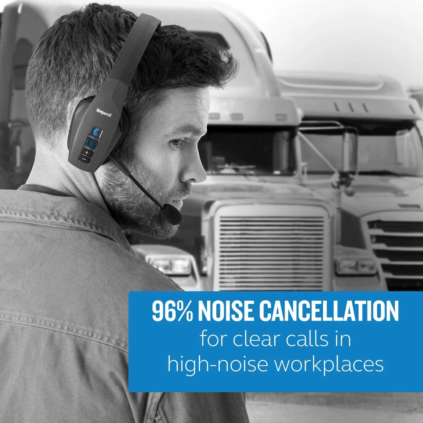BlueParrott B550-XT Mono Bluetooth Wireless Headphones 96% Noise Canceling Over Head Trucker Headset with Mic, 100% Voice Control, IP54-Rated Protection, 24 hrs. Talk Time, Black