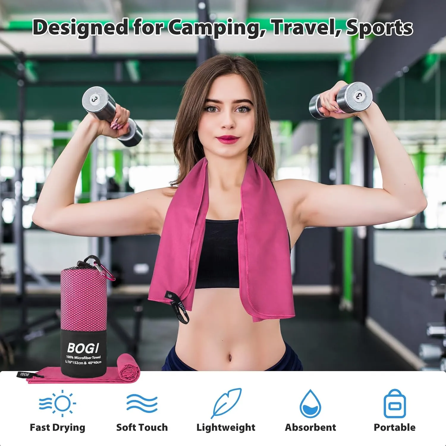 BOGI Microfiber Travel Sports Towel-Quick Dry Towel, Soft Lightweight Microfiber Camping Towel Absorbent Compact Travel Towel for Camping Gym Yoga Swimming Backpacking (XL:72''x32'' 16''x16''-Hpink)