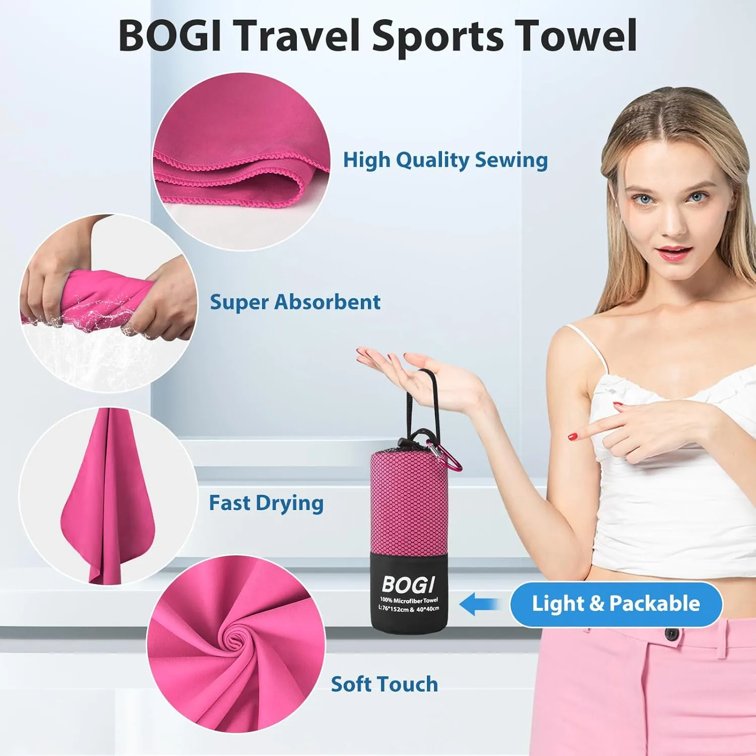 BOGI Microfiber Travel Sports Towel-Quick Dry Towel, Soft Lightweight Microfiber Camping Towel Absorbent Compact Travel Towel for Camping Gym Yoga Swimming Backpacking (XL:72''x32'' 16''x16''-Hpink)