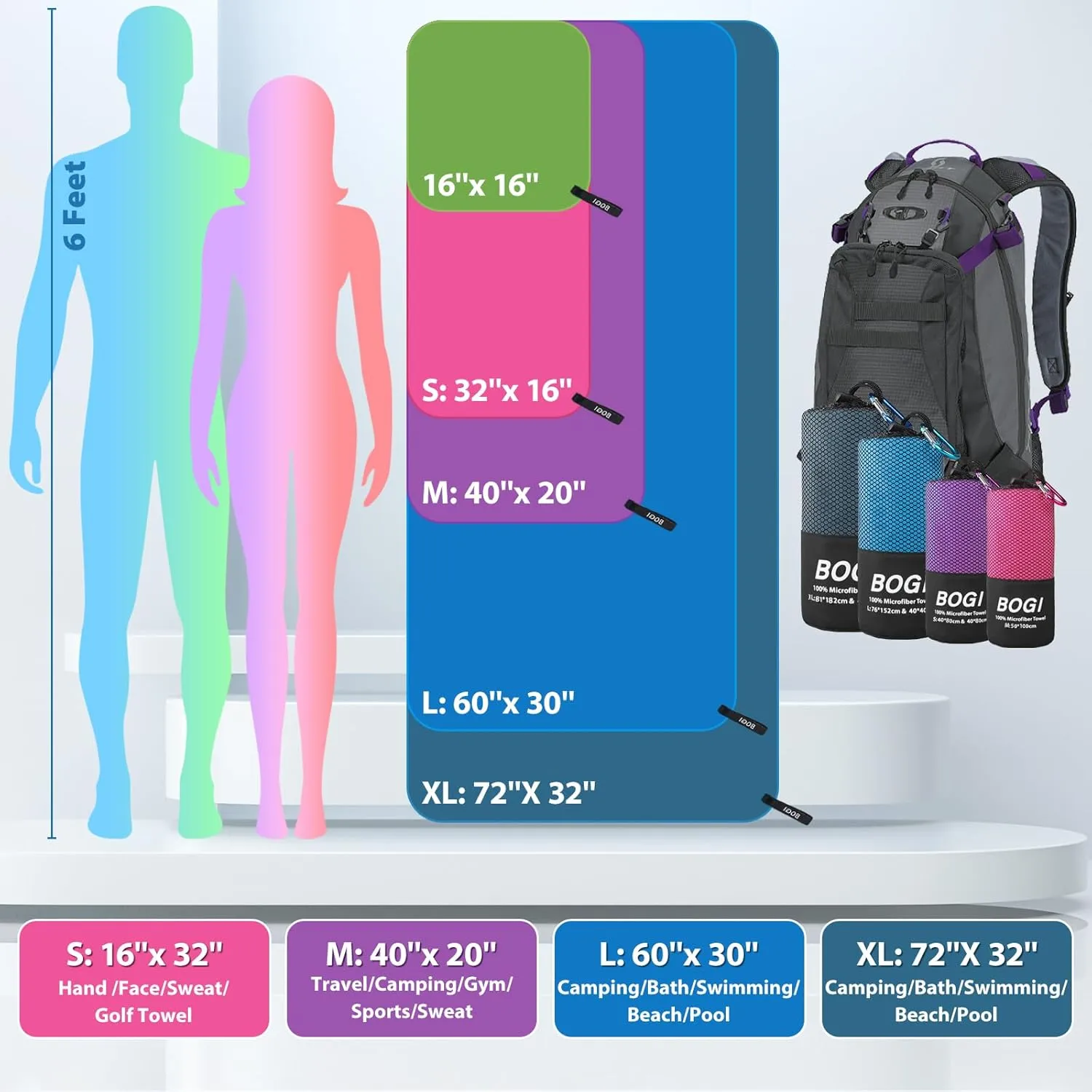BOGI Microfiber Travel Sports Towel-Quick Dry Towel, Soft Lightweight Microfiber Camping Towel Absorbent Compact Travel Towel for Camping Gym Yoga Swimming Backpacking (XL:72''x32'' 16''x16''-Hpink)