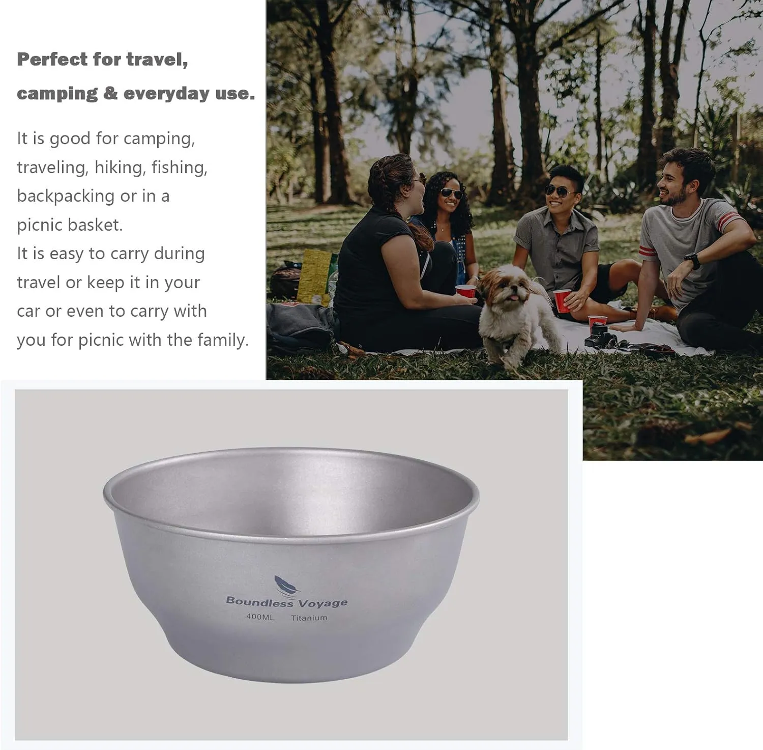 Boundless Voyage Ultralight Titanium Bowl Pan Plate Dish with Carry Bag Outdoor Camping Portable Tableware Cookware ((400ml Bowl)-Ti15163B)