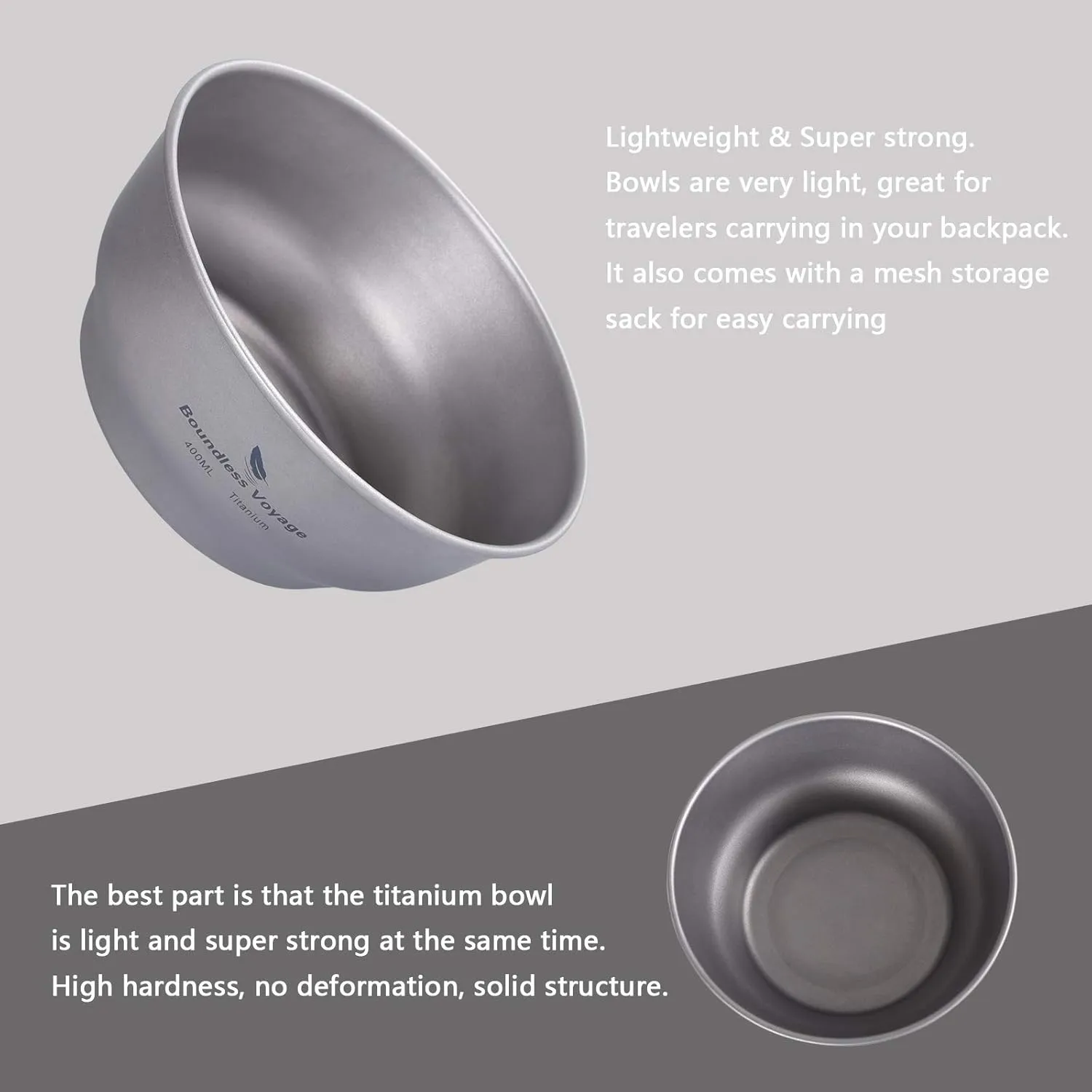 Boundless Voyage Ultralight Titanium Bowl Pan Plate Dish with Carry Bag Outdoor Camping Portable Tableware Cookware ((400ml Bowl)-Ti15163B)