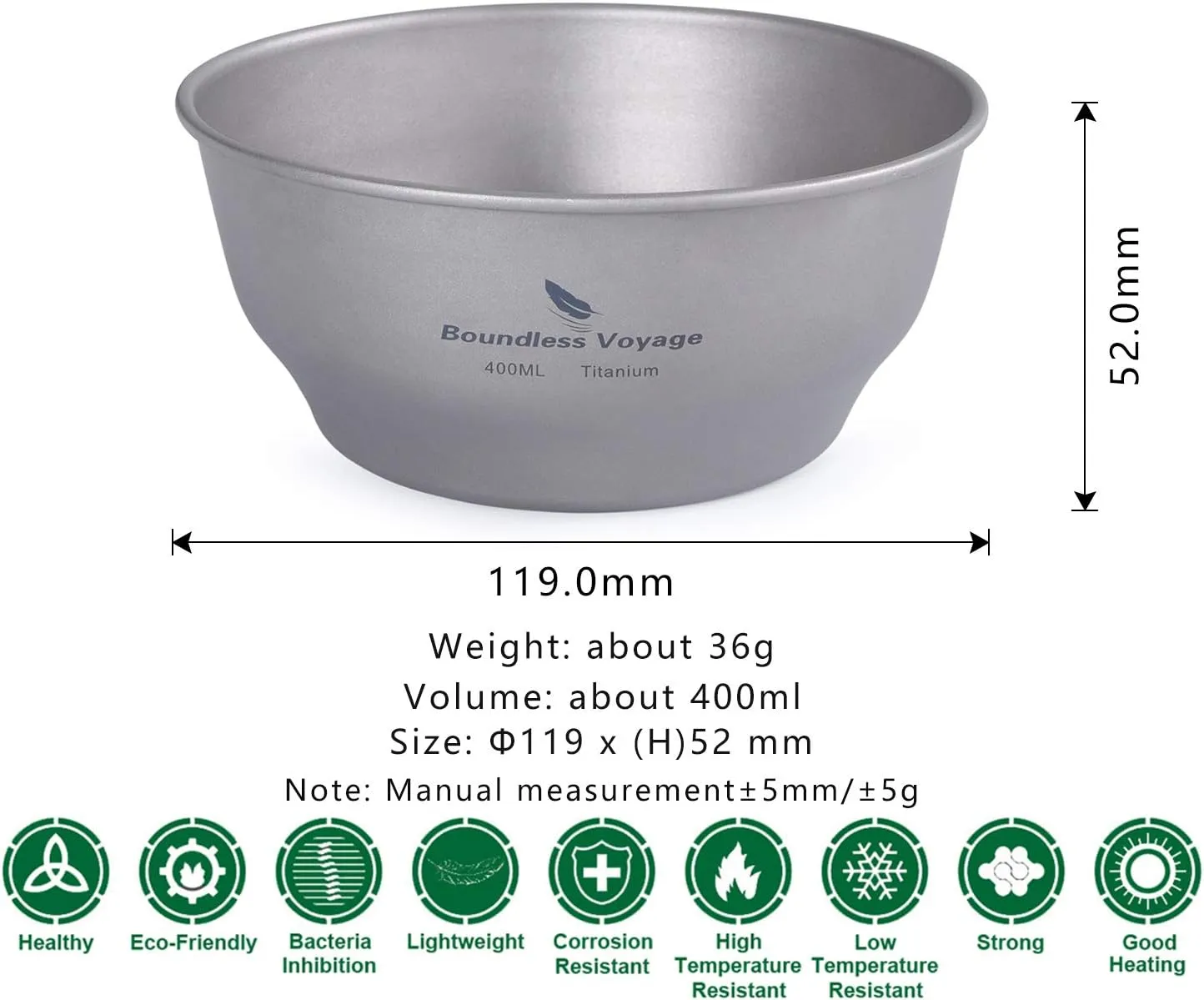 Boundless Voyage Ultralight Titanium Bowl Pan Plate Dish with Carry Bag Outdoor Camping Portable Tableware Cookware ((400ml Bowl)-Ti15163B)