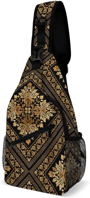 Brocade Pattern in Black And Gold A Spacious And Large Capacity Portable Adjustable Chest Bag