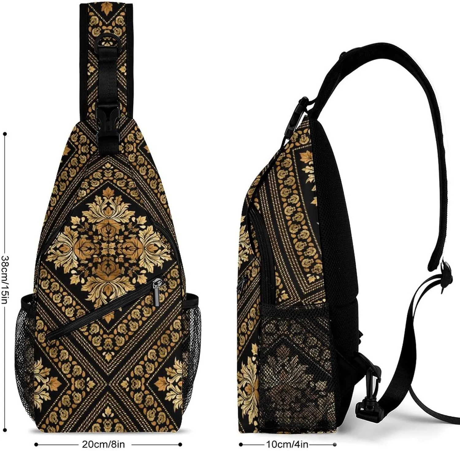 Brocade Pattern in Black And Gold A Spacious And Large Capacity Portable Adjustable Chest Bag