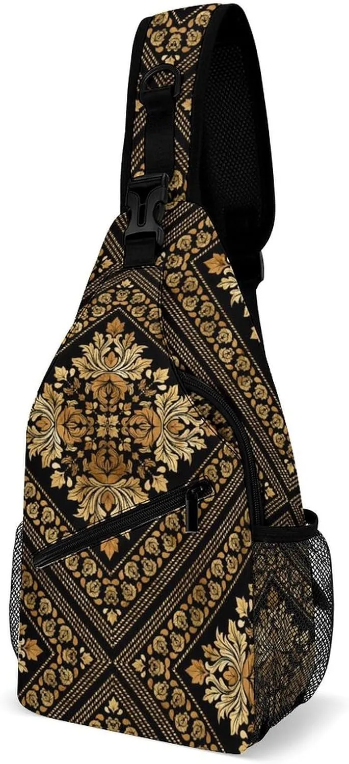 Brocade Pattern in Black And Gold A Spacious And Large Capacity Portable Adjustable Chest Bag