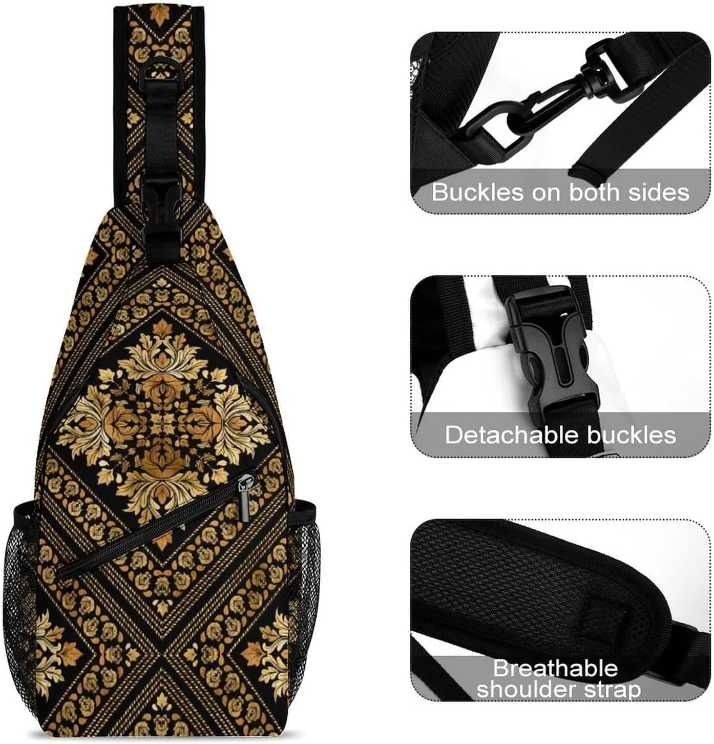 Brocade Pattern in Black And Gold A Spacious And Large Capacity Portable Adjustable Chest Bag