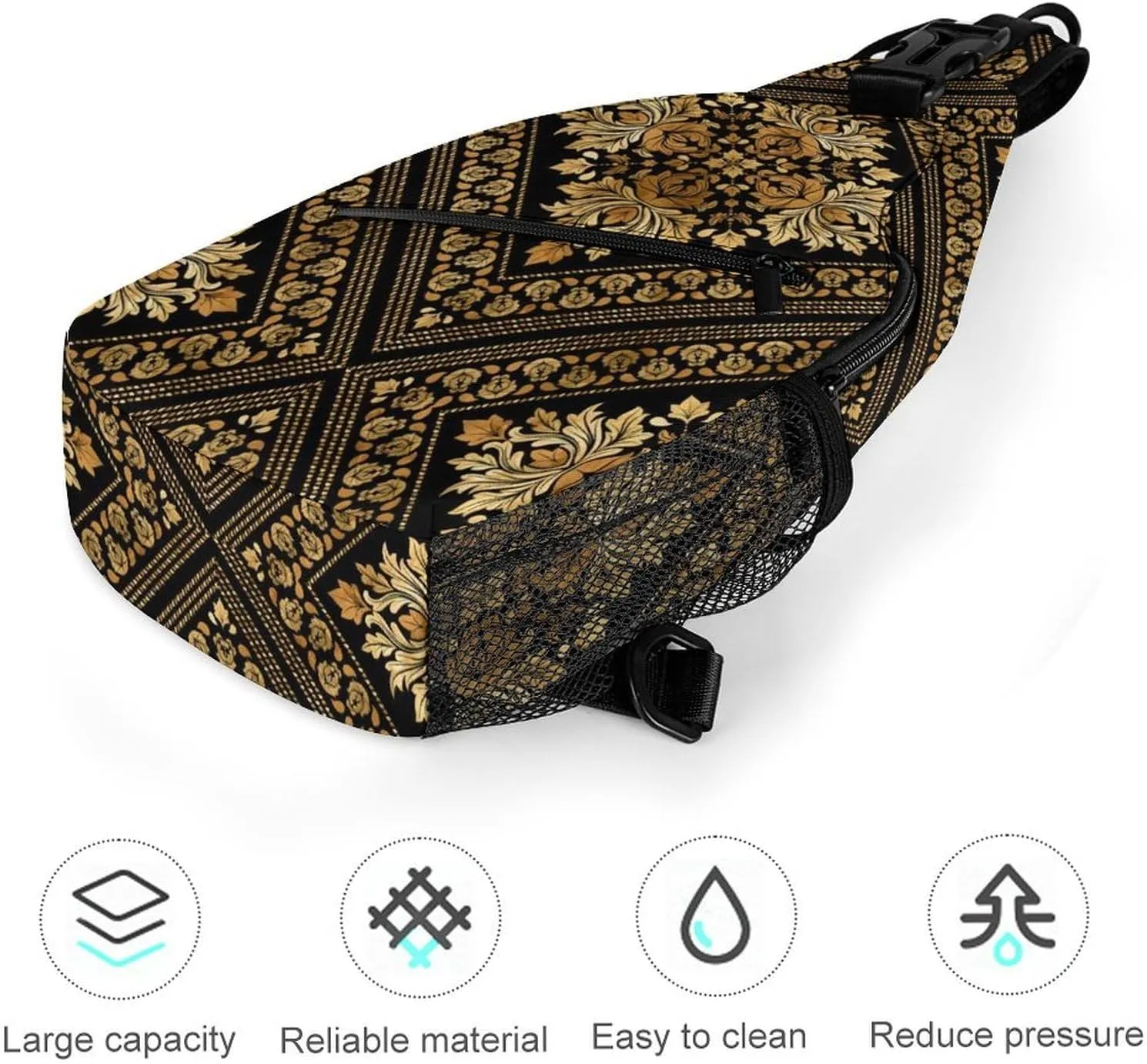Brocade Pattern in Black And Gold A Spacious And Large Capacity Portable Adjustable Chest Bag