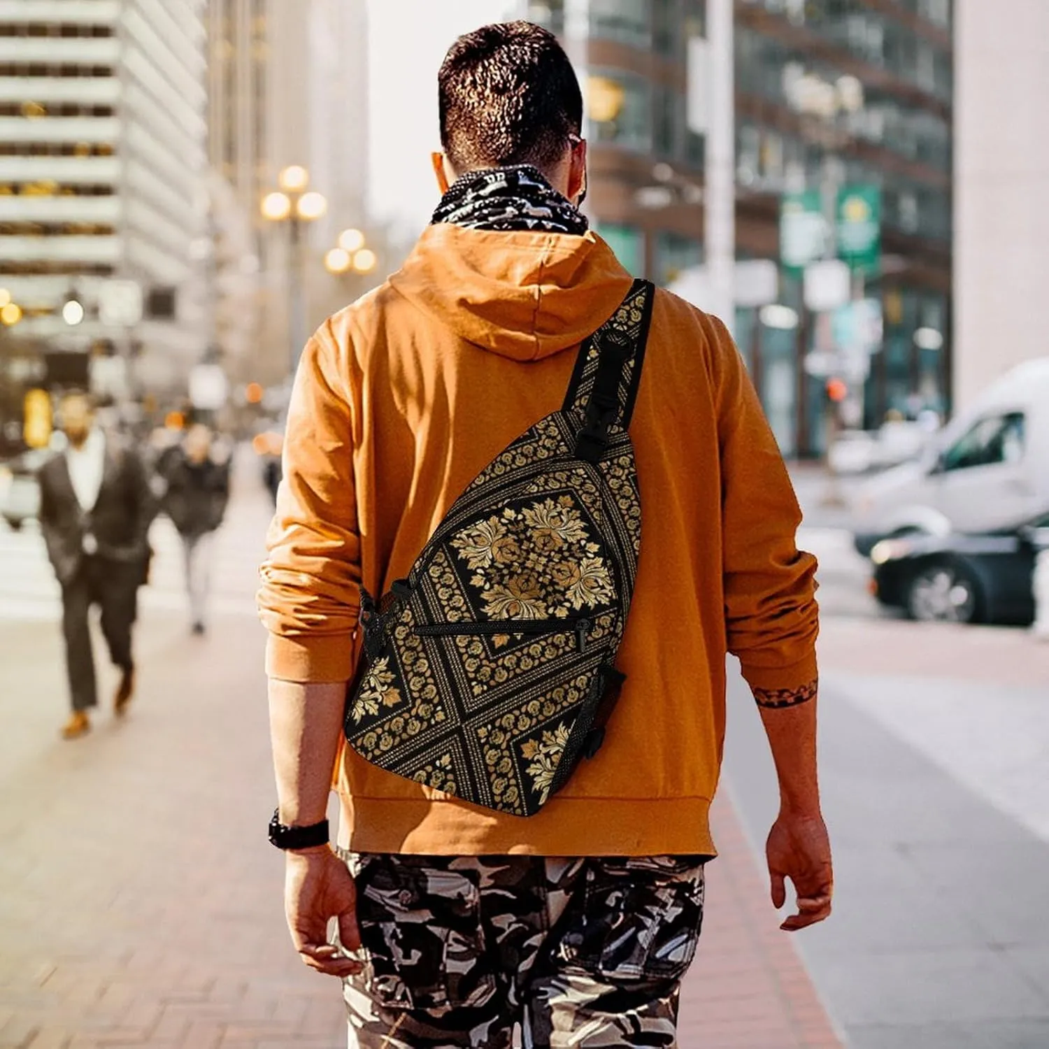 Brocade Pattern in Black And Gold A Spacious And Large Capacity Portable Adjustable Chest Bag