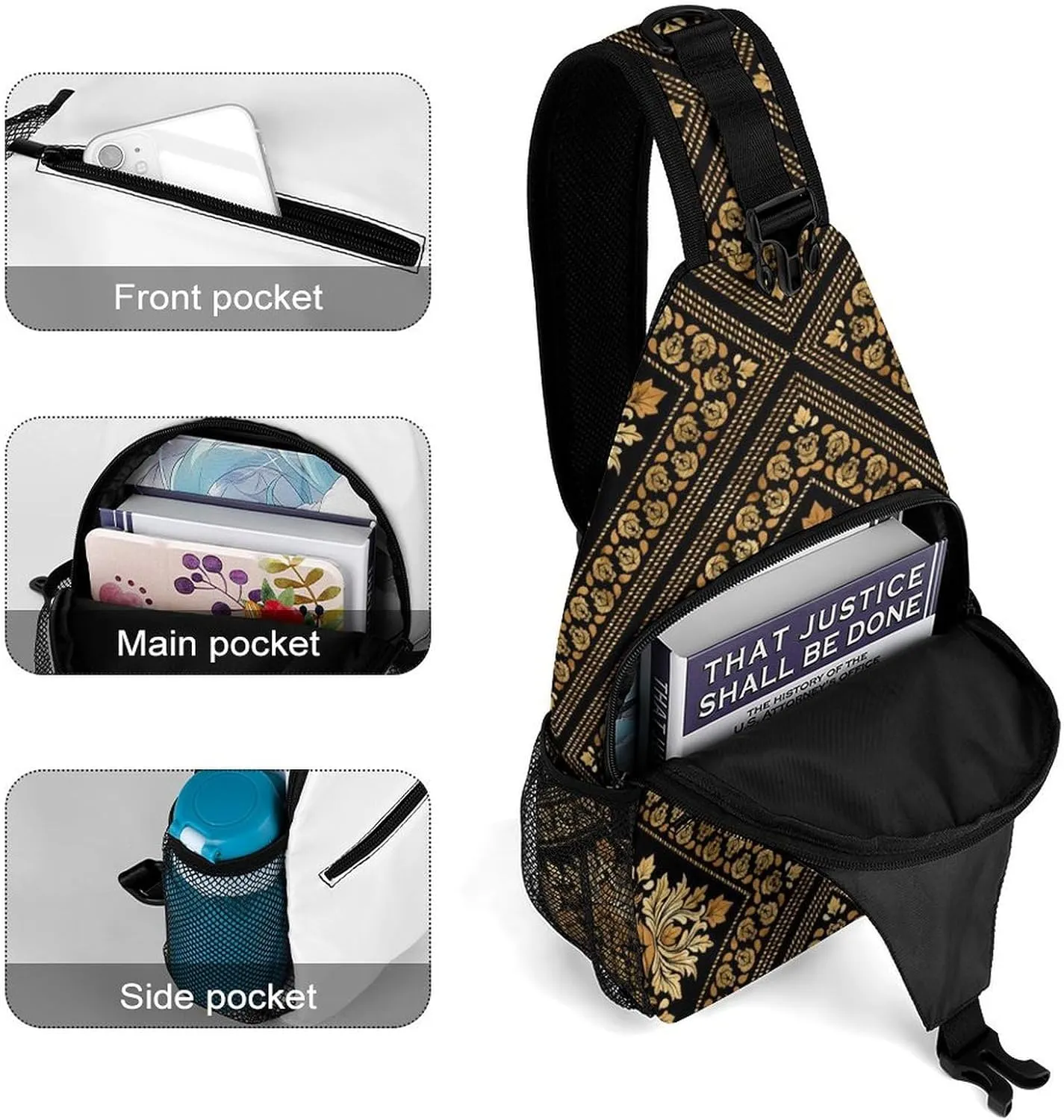 Brocade Pattern in Black And Gold A Spacious And Large Capacity Portable Adjustable Chest Bag