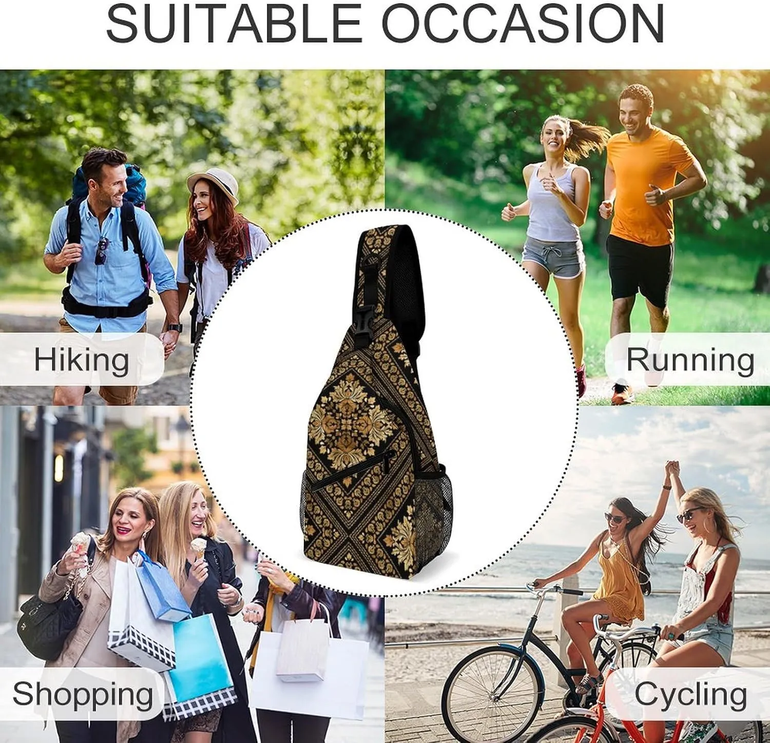 Brocade Pattern in Black And Gold A Spacious And Large Capacity Portable Adjustable Chest Bag
