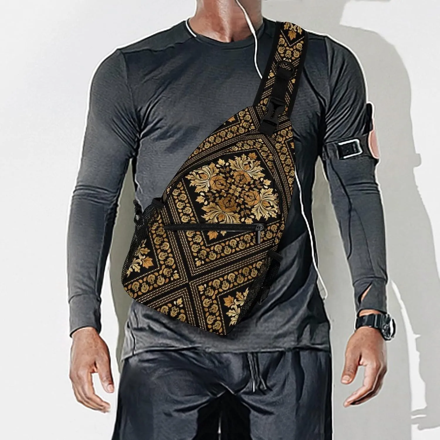 Brocade Pattern in Black And Gold A Spacious And Large Capacity Portable Adjustable Chest Bag