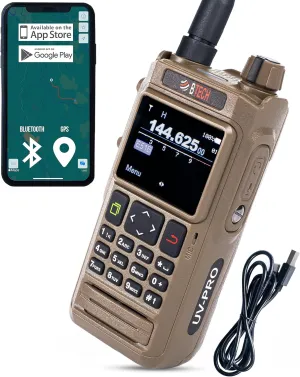 BTECH UV-PRO (TAN) IP67 Dual Band VHF/UHF Two-Way Radio - APRS, Bluetooth, GPS, Text Messaging, Aviation Band Scanner, NOAA Weather Alerts, USB-C Rechargeable Battery