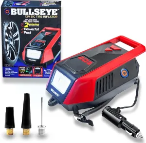Bullseye 12V DC Tire Inflator - Rapid 2 Minute Inflation, Auto Shut-Off, Max 150 PSI, Easy Cord Storage, Digital Pressure Gauge, LED Display, Accessories, Cigarette Lighter Charger as seen on TV (Red)