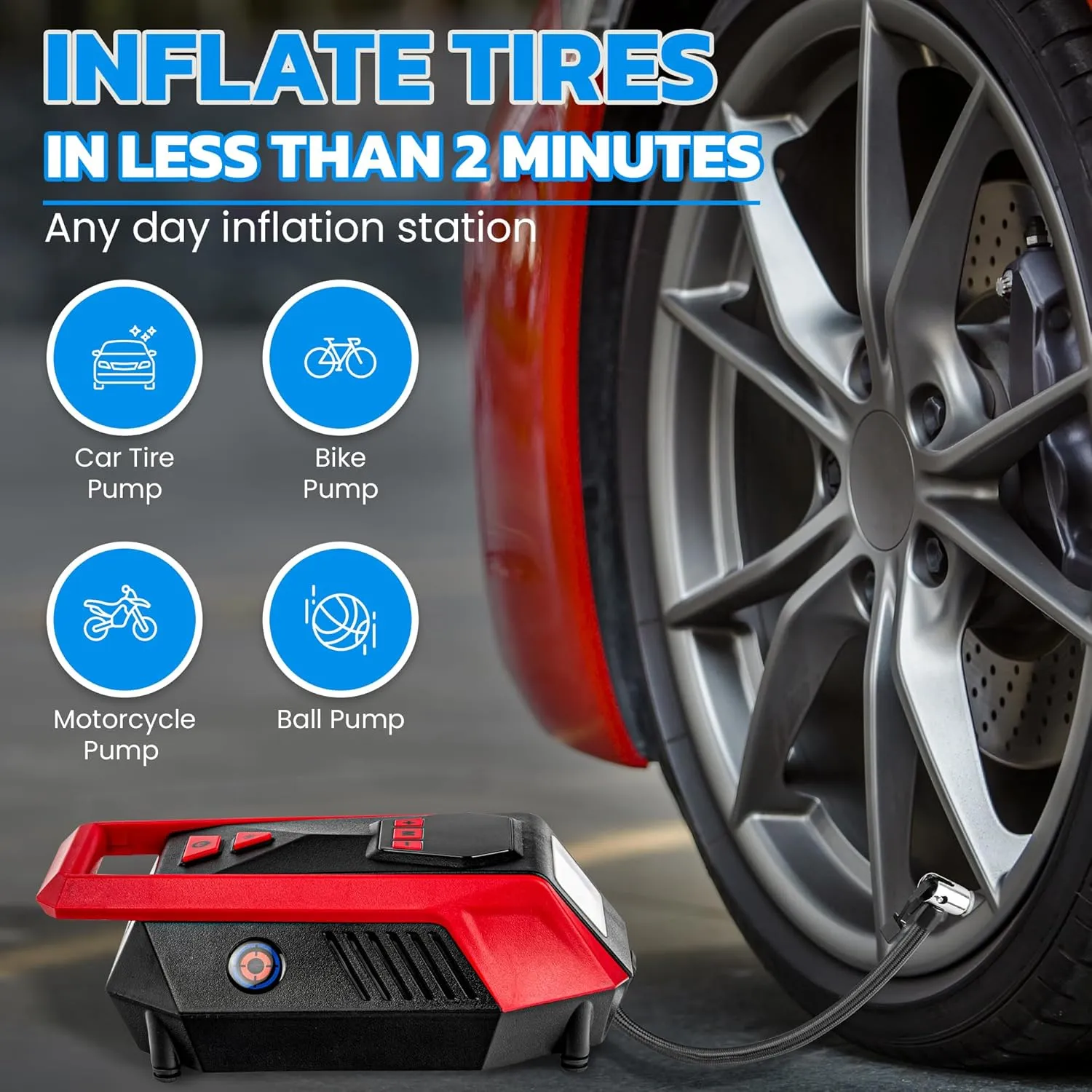 Bullseye 12V DC Tire Inflator - Rapid 2 Minute Inflation, Auto Shut-Off, Max 150 PSI, Easy Cord Storage, Digital Pressure Gauge, LED Display, Accessories, Cigarette Lighter Charger as seen on TV (Red)