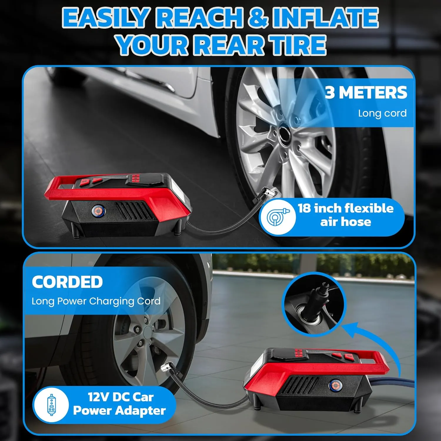 Bullseye 12V DC Tire Inflator - Rapid 2 Minute Inflation, Auto Shut-Off, Max 150 PSI, Easy Cord Storage, Digital Pressure Gauge, LED Display, Accessories, Cigarette Lighter Charger as seen on TV (Red)