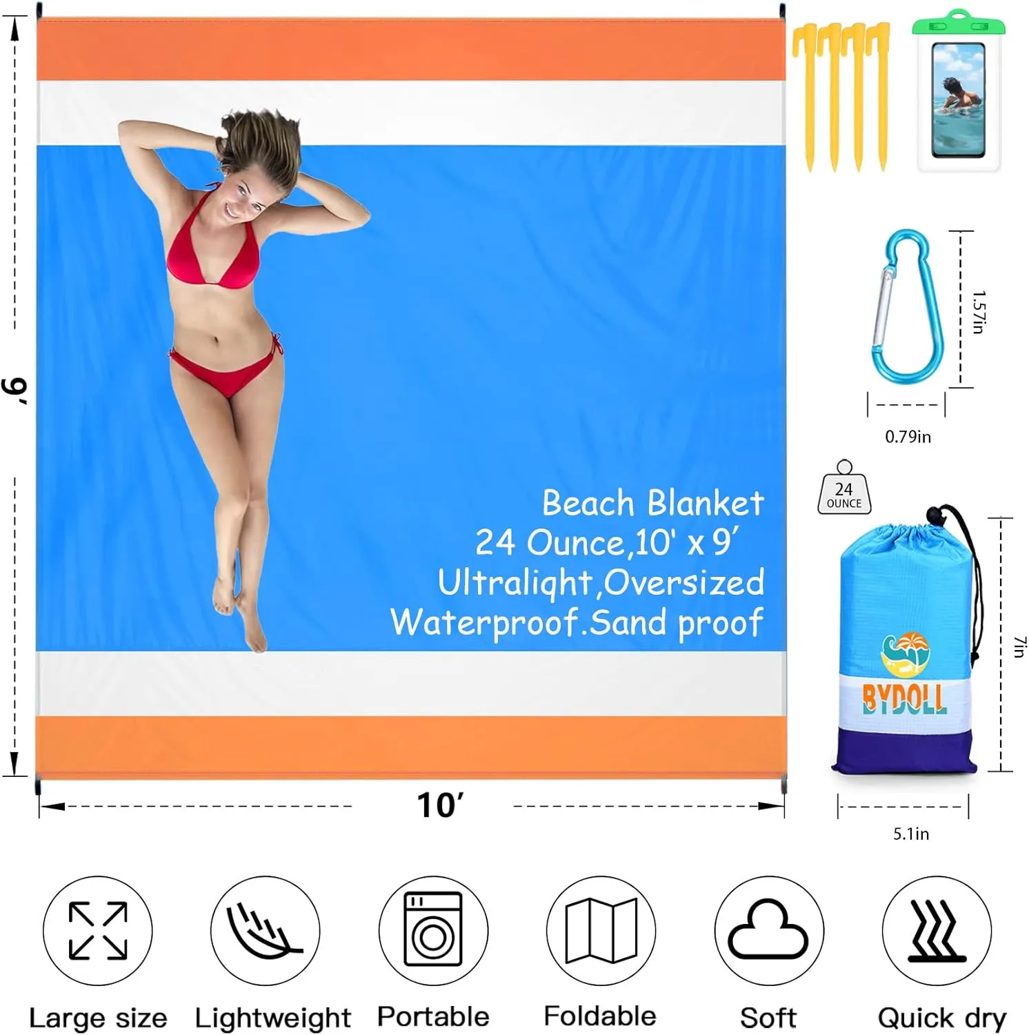BYDOLL Beach Blanket 78''X81'' 4-7 Adults Oversized Lightweight Waterproof Sandproof Blanket for Beach Large Picnic Mat Travel Camping