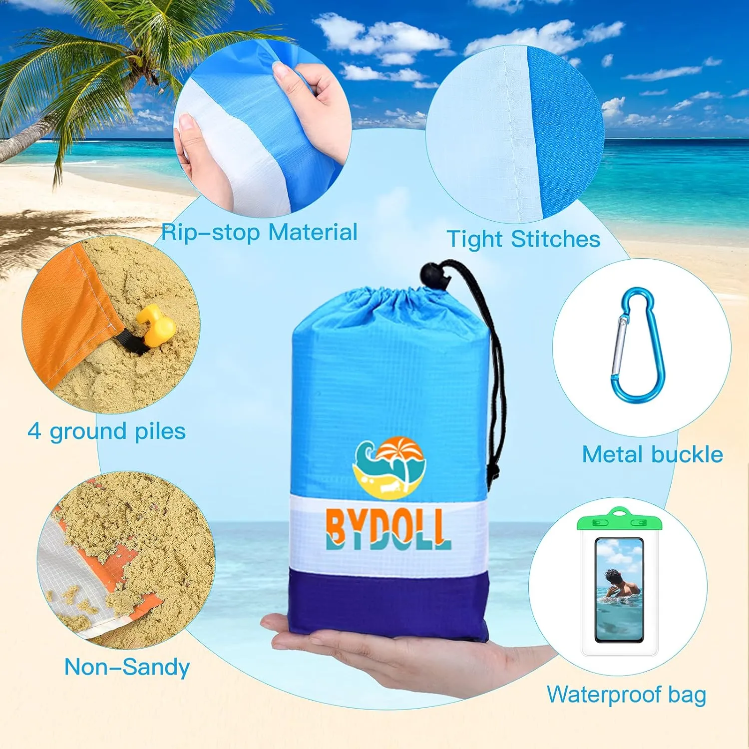 BYDOLL Beach Blanket 78''X81'' 4-7 Adults Oversized Lightweight Waterproof Sandproof Blanket for Beach Large Picnic Mat Travel Camping