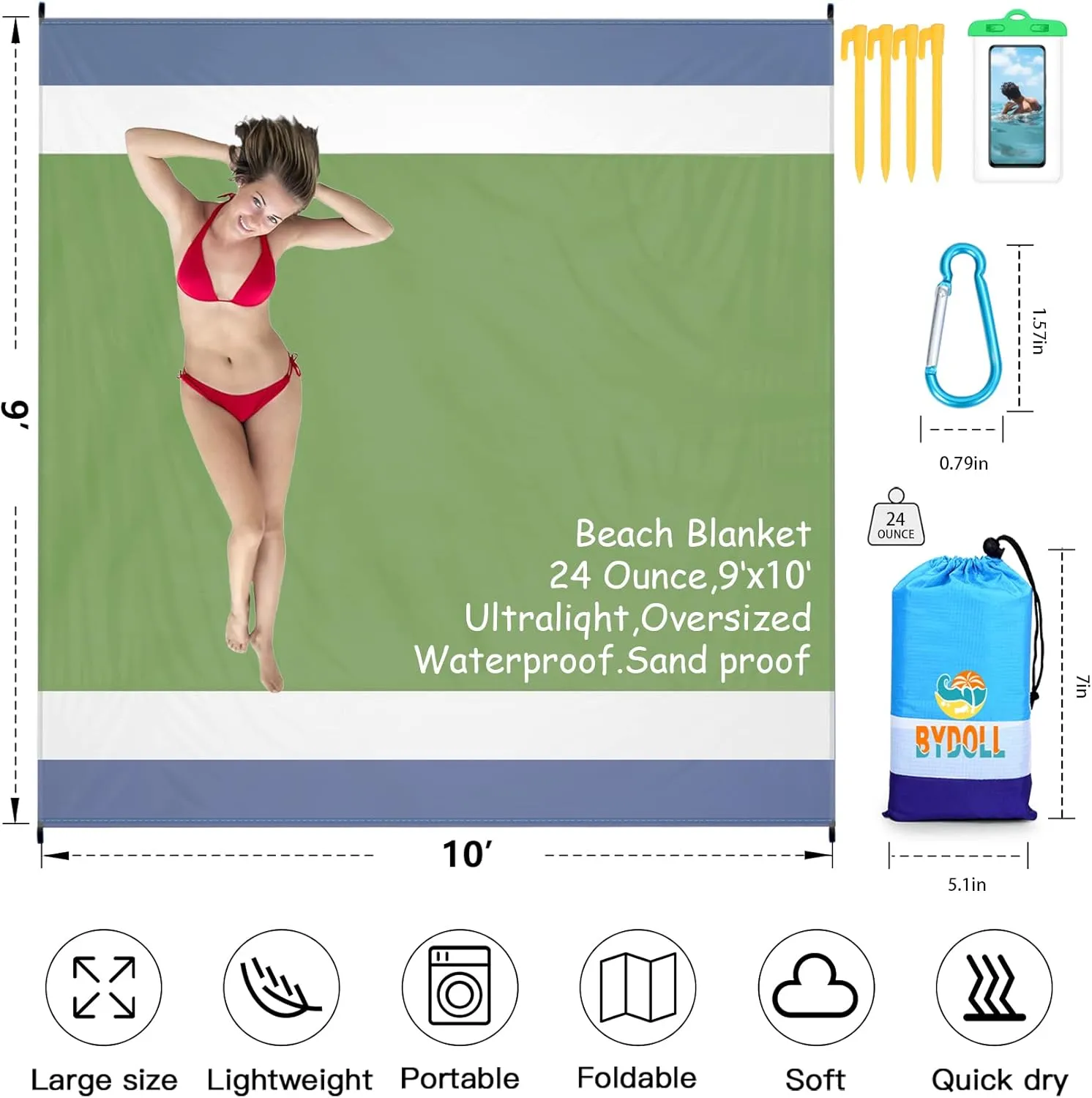 BYDOLL Beach Blanket 78''X81'' 4-7 Adults Oversized Lightweight Waterproof Sandproof Blanket for Beach Large Picnic Mat Travel Camping