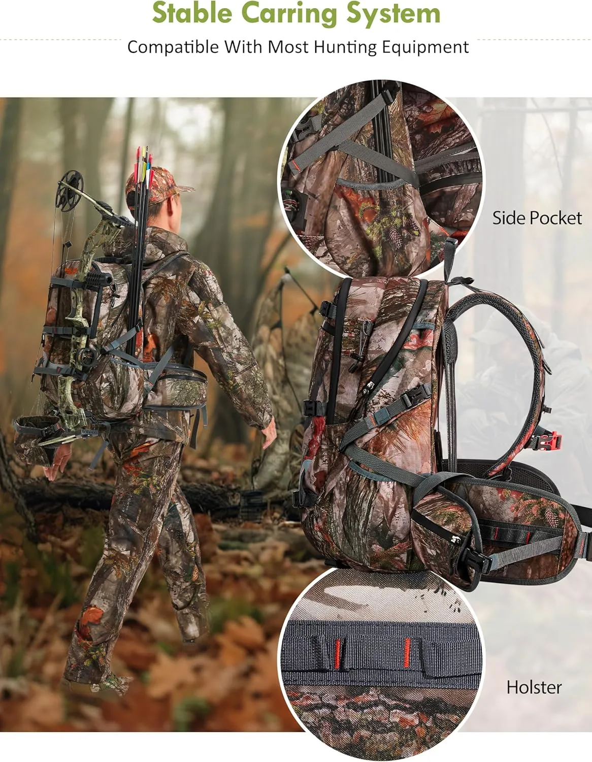 Camo Hunting Backpack for Men, 35L Durable Hunting Pack, 600D Daypack with Rain Cover, Interal Frame Support