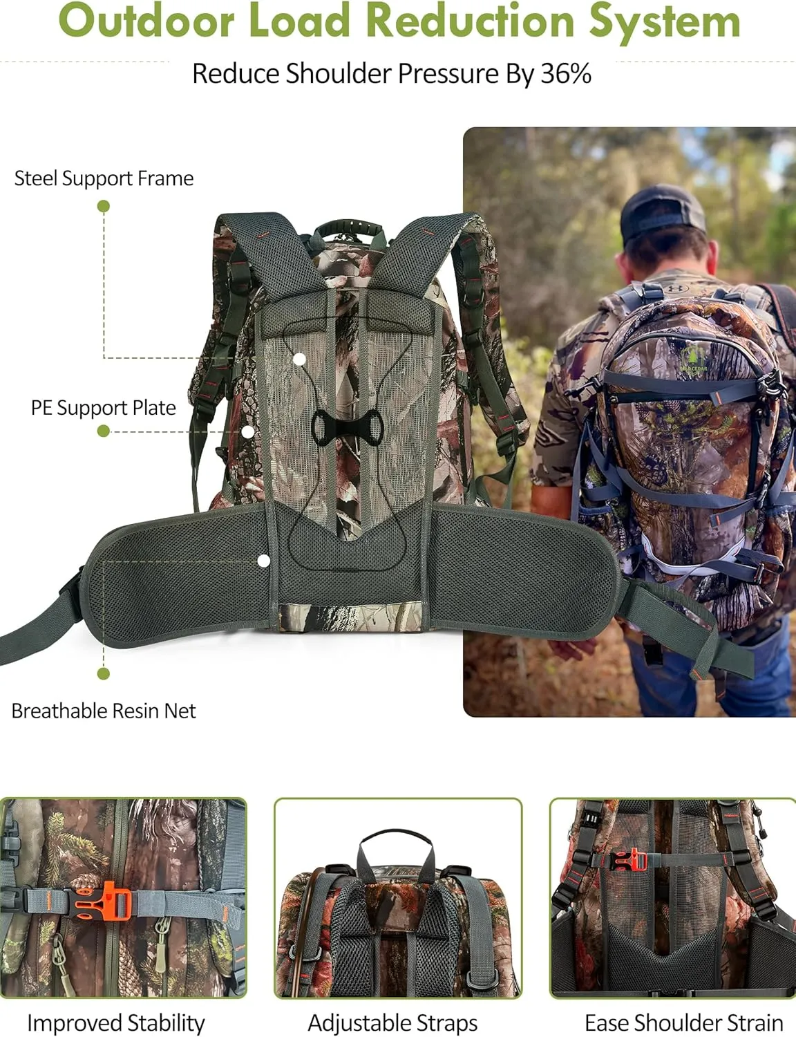 Camo Hunting Backpack for Men, 35L Durable Hunting Pack, 600D Daypack with Rain Cover, Interal Frame Support