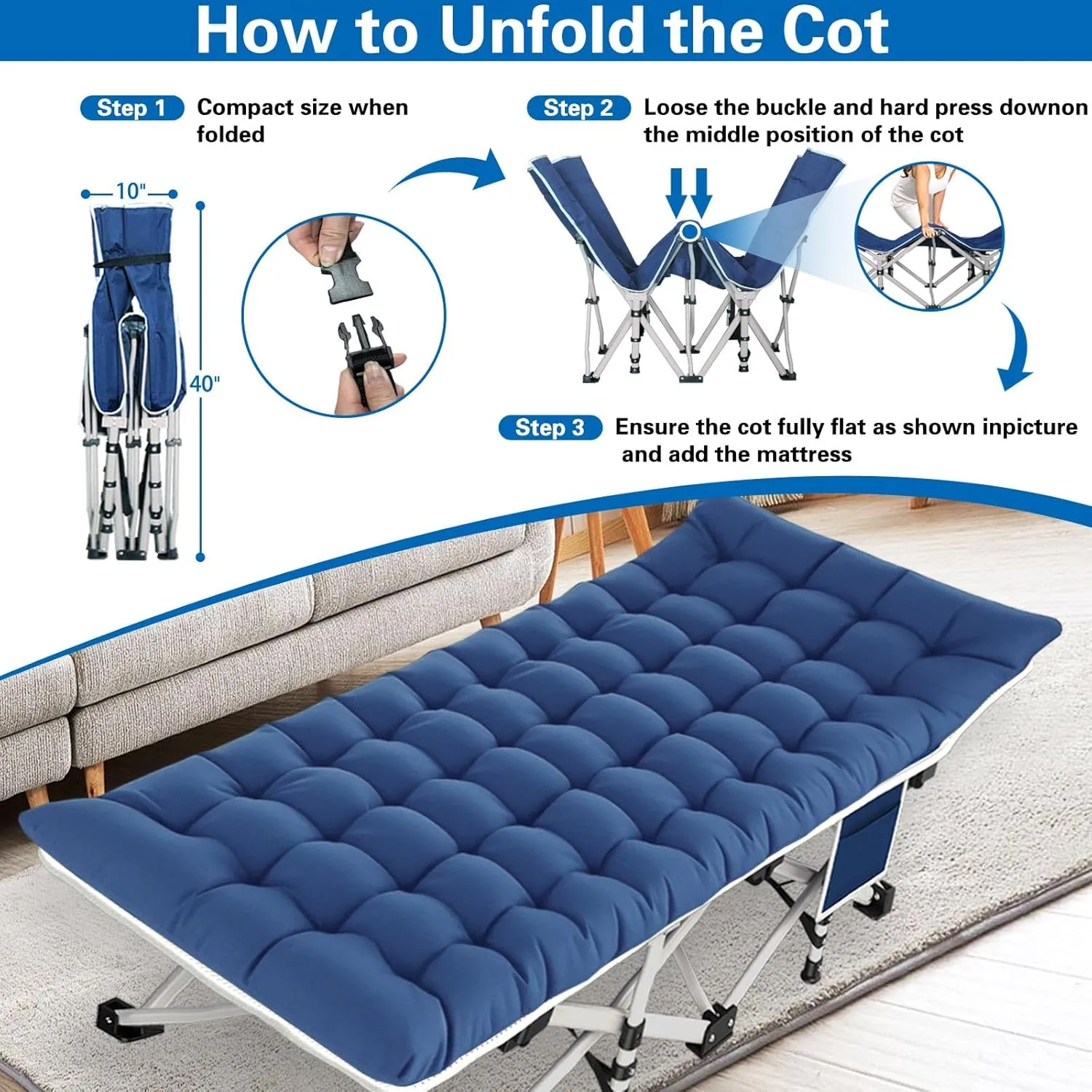 Camping cot with Mattress Comfortable Sleeping Cot for Adults with Carry Bag Portable Folding Cot Easy to Install Guest Bed for Home Outdoor Indoor