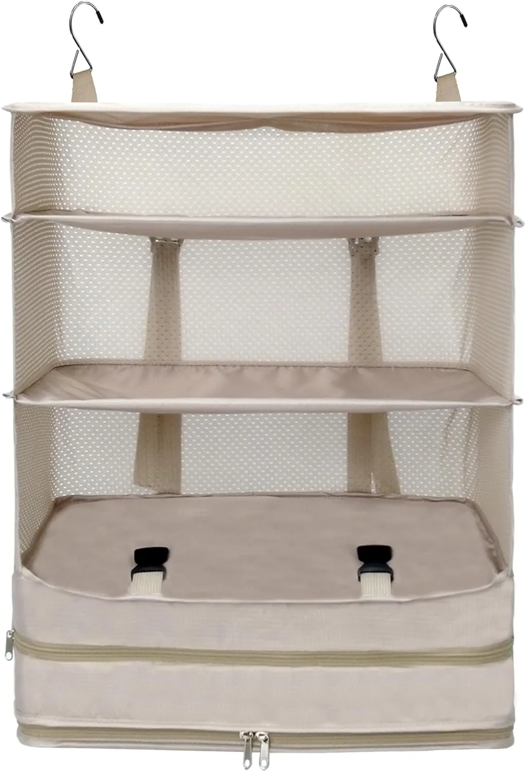 Caroeas Portable Hanging Travel Shelves Bag, Travel Packing Cube Organizer Suitcase Storage for Luggage, Carry on Closet for Clothes, 4-Shelf Suitcase Closet with 2 Hooks, X-Large Capacity, Beige