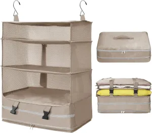 Caroeas Portable Hanging Travel Shelves Bag, Travel Packing Cube Organizer Suitcase Storage for Luggage, Carry on Closet for Clothes, 4-Shelf Suitcase Closet with 2 Hooks, X-Large Capacity, Beige