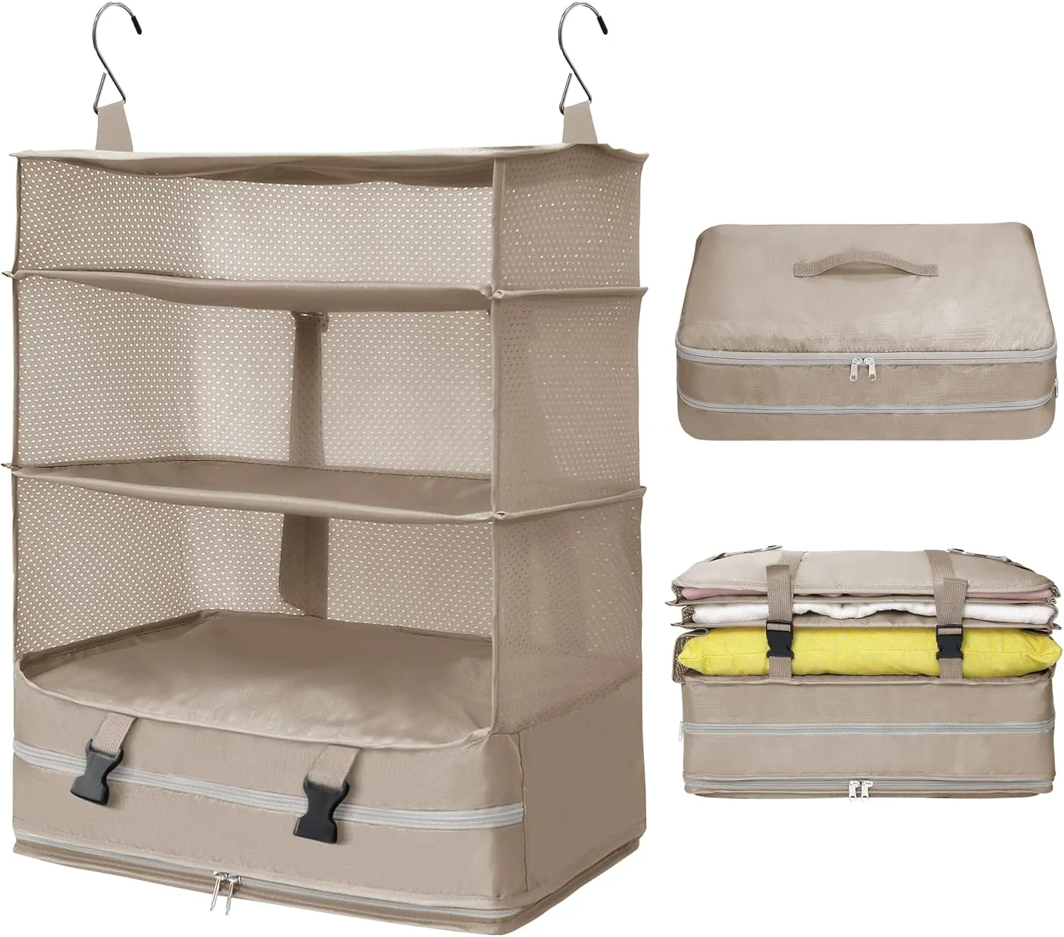 Caroeas Portable Hanging Travel Shelves Bag, Travel Packing Cube Organizer Suitcase Storage for Luggage, Carry on Closet for Clothes, 4-Shelf Suitcase Closet with 2 Hooks, X-Large Capacity, Beige
