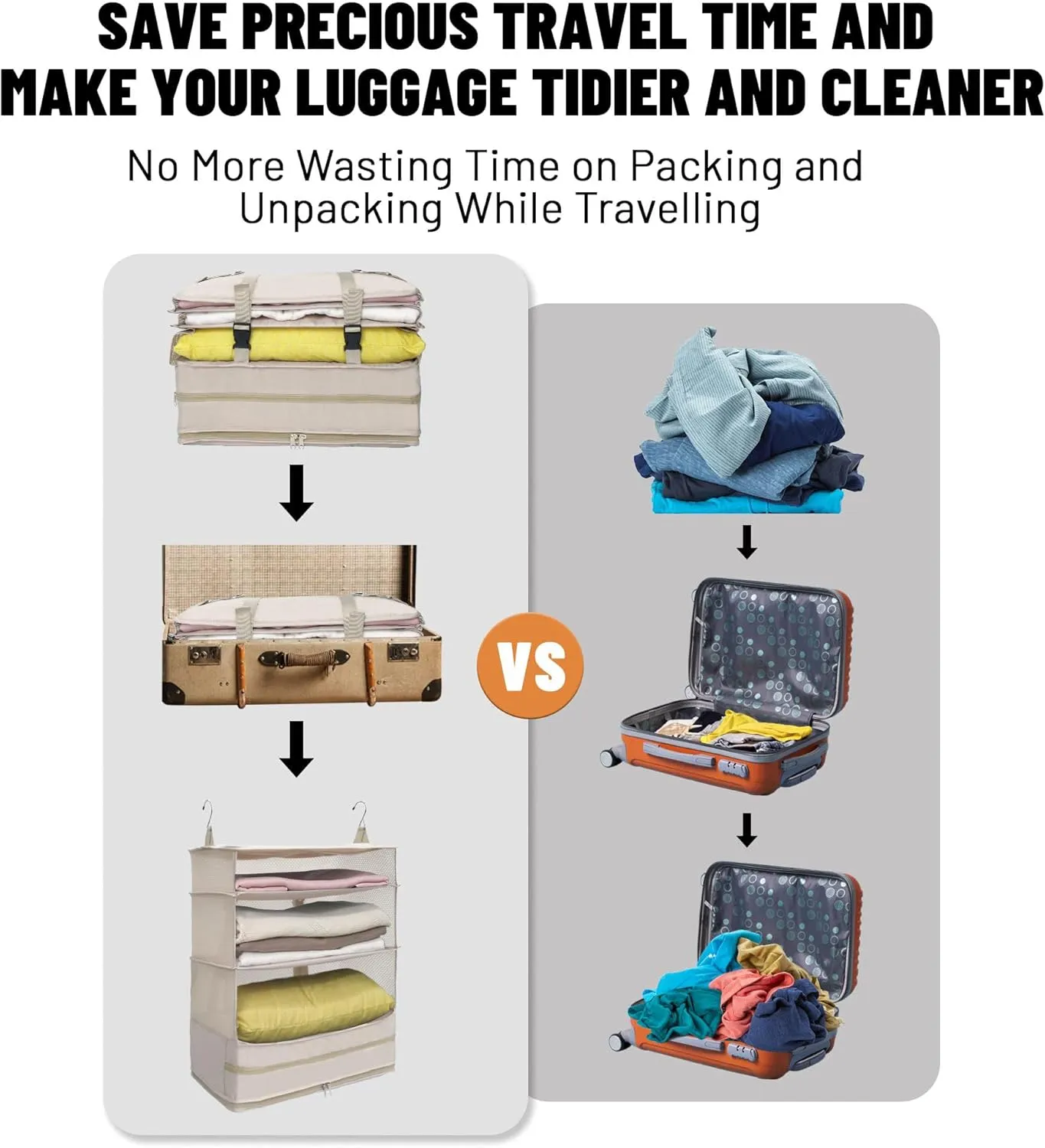 Caroeas Portable Hanging Travel Shelves Bag, Travel Packing Cube Organizer Suitcase Storage for Luggage, Carry on Closet for Clothes, 4-Shelf Suitcase Closet with 2 Hooks, X-Large Capacity, Beige