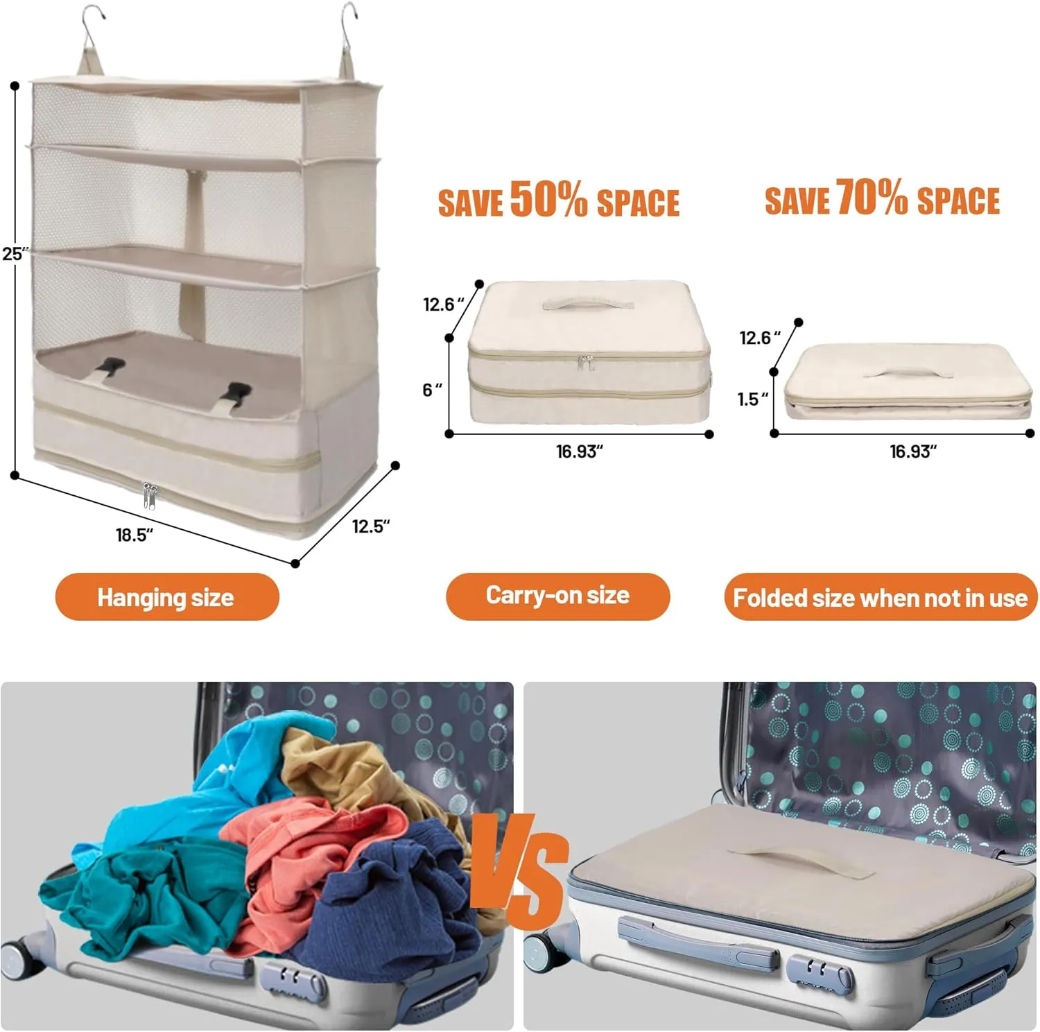 Caroeas Portable Hanging Travel Shelves Bag, Travel Packing Cube Organizer Suitcase Storage for Luggage, Carry on Closet for Clothes, 4-Shelf Suitcase Closet with 2 Hooks, X-Large Capacity, Beige