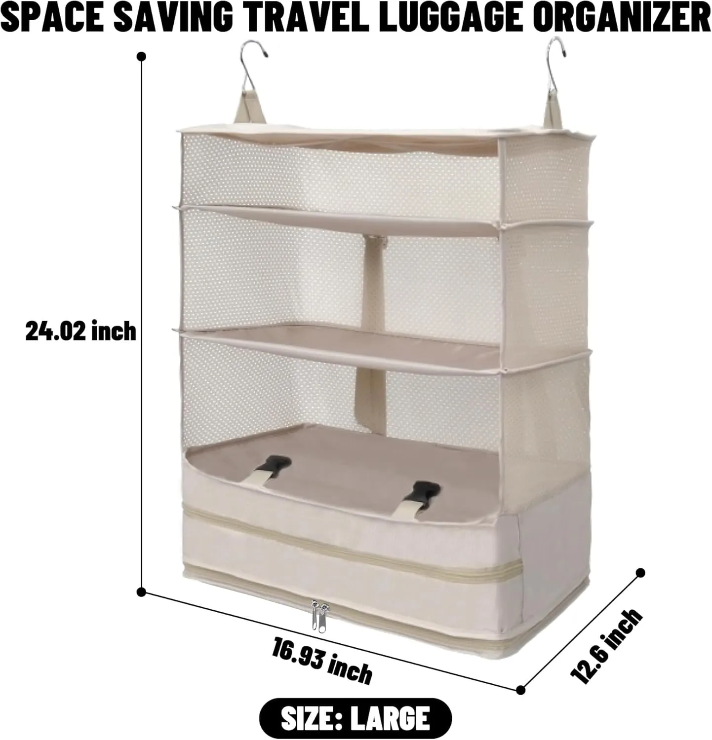 Caroeas Portable Hanging Travel Shelves Bag, Travel Packing Cube Organizer Suitcase Storage for Luggage, Carry on Closet for Clothes, 4-Shelf Suitcase Closet with 2 Hooks, X-Large Capacity, Beige