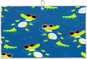 Cartoon Crocodile Swimming Golf Towel with Heavy Duty Carabiner Clip Quick Dry Ultra Absorbent Club Ball Cleaning Towel Golf Accessories for Men Women