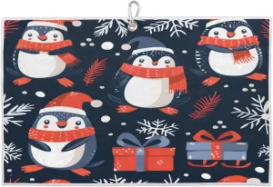 Cartoon Penguin Leaves Golf Towel with Heavy Duty Carabiner Ultra Absorbent Quick Dry Perfect for Cleaning Clubs Balls Gear Essential Golf Accessory for Men Women Kids