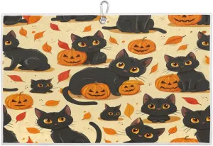 Cat Pumpkin Leaves Golf Towel with Heavy Duty Carabiner Ultra Absorbent Quick Dry Perfect for Cleaning Clubs Balls Gear Essential Golf Accessory for Men Women Kids