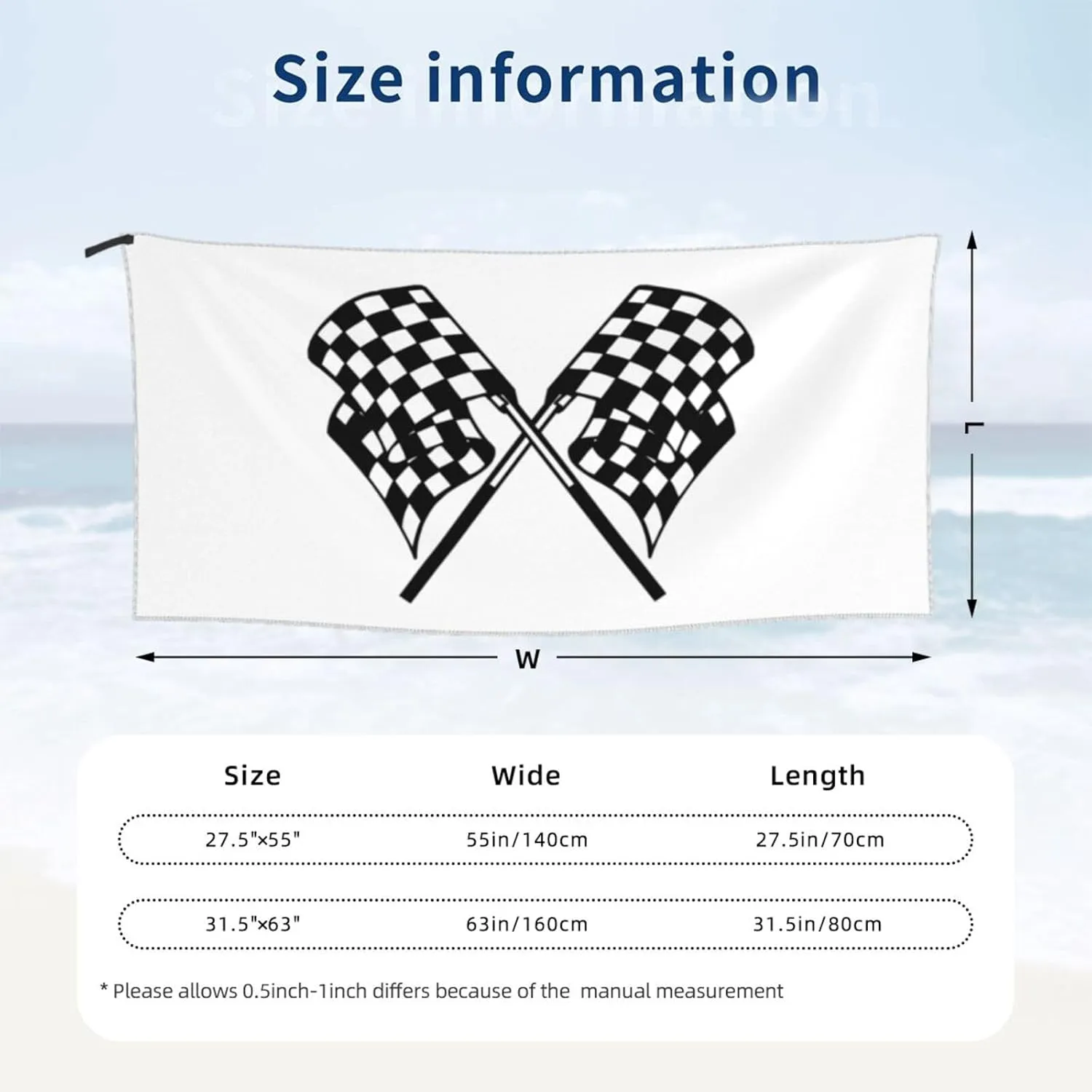 Checkered Flags Race Car Flag1 Beach Towel, Microfiber Beach Towels, Oversized, Quick Dry (31.5" X 63") Sand Proof, Absorbent, Compact, Beach Blanket, Lightweight Towel for The Swimming, Sports