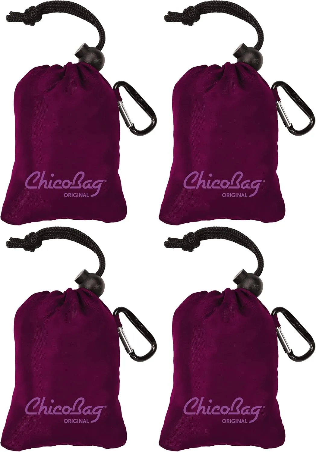 ChicoBag Original Compact Reusable Grocery Bag w/Attached Pouch and Carabiner Clip | Perfect for Shopping, Travel, Organization | Eco-Conscious Packable Tote | Boysenberry (Pack of 4)