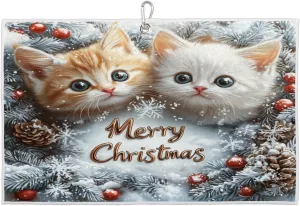 Christmas Snow Berry Cats Golf Towel with Heavy Duty Carabiner Clip Quick Dry Ultra Absorbent Club Ball Cleaning Towel Golf Accessories for Men Women