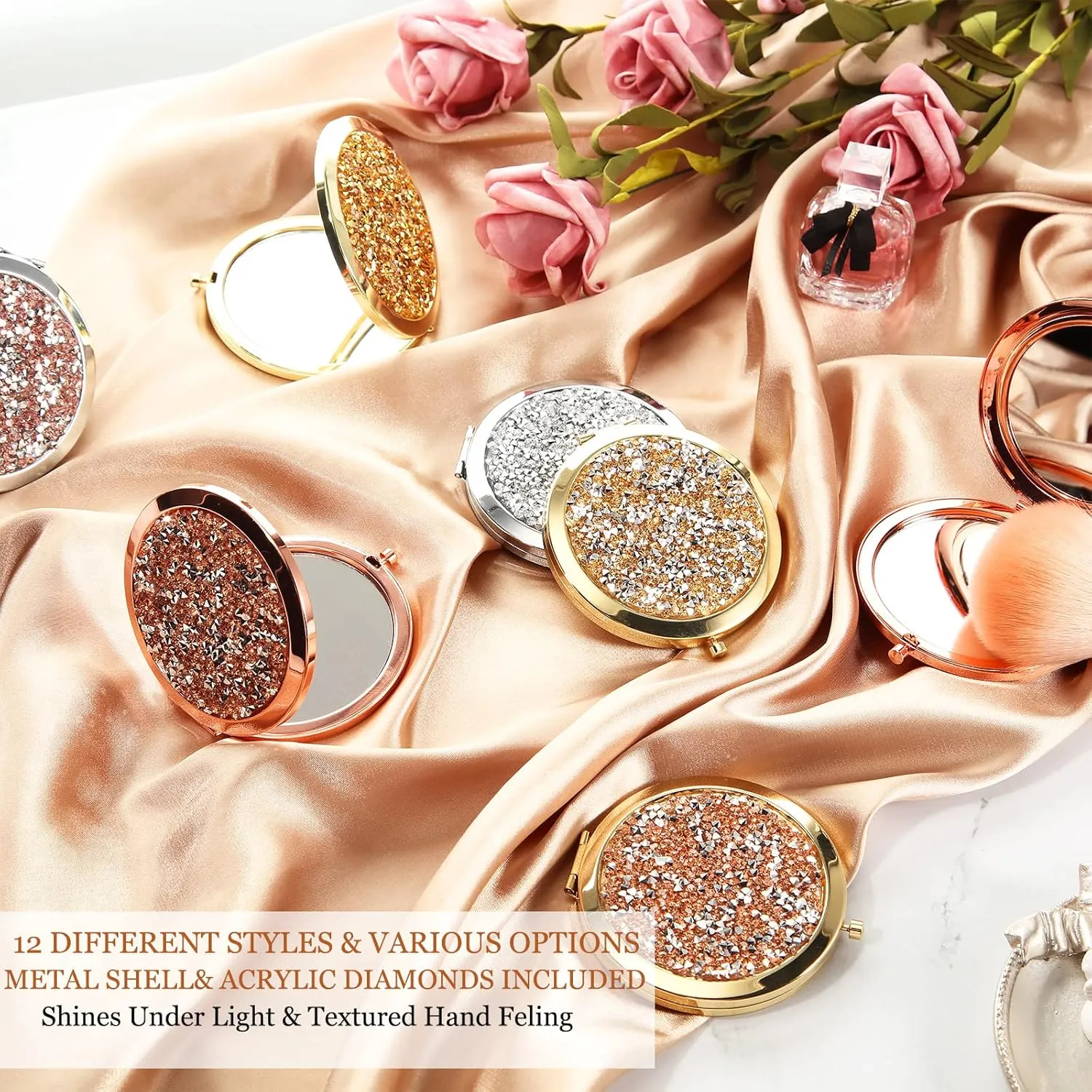 Cindeer 12 Pcs Small Compact Mirror Folding Pocket Makeup Round Hand Held Cosmetic Magnifying Compact Rhinestone Mirror with 1X/2X Magnification for Women Girls Travel (Blended Colors)