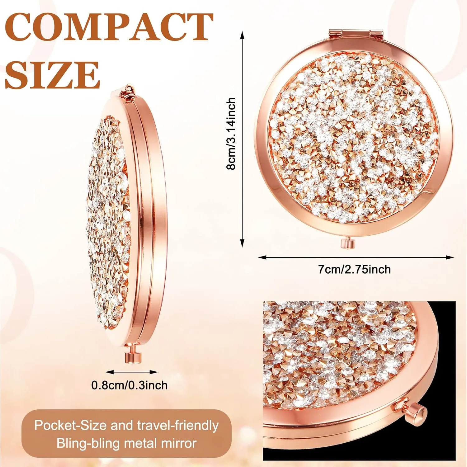 Cindeer 12 Pcs Small Compact Mirror Folding Pocket Makeup Round Hand Held Cosmetic Magnifying Compact Rhinestone Mirror with 1X/2X Magnification for Women Girls Travel (Blended Colors)